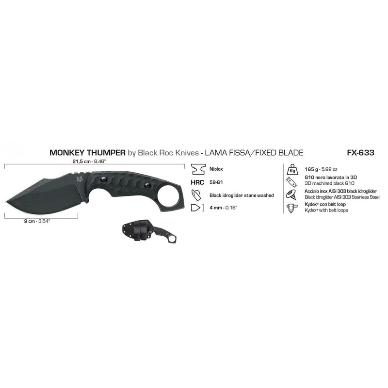 Fox Knives Monkey Thumper Fixed Blade Niolox Steel Survival Back -up Tactical mes