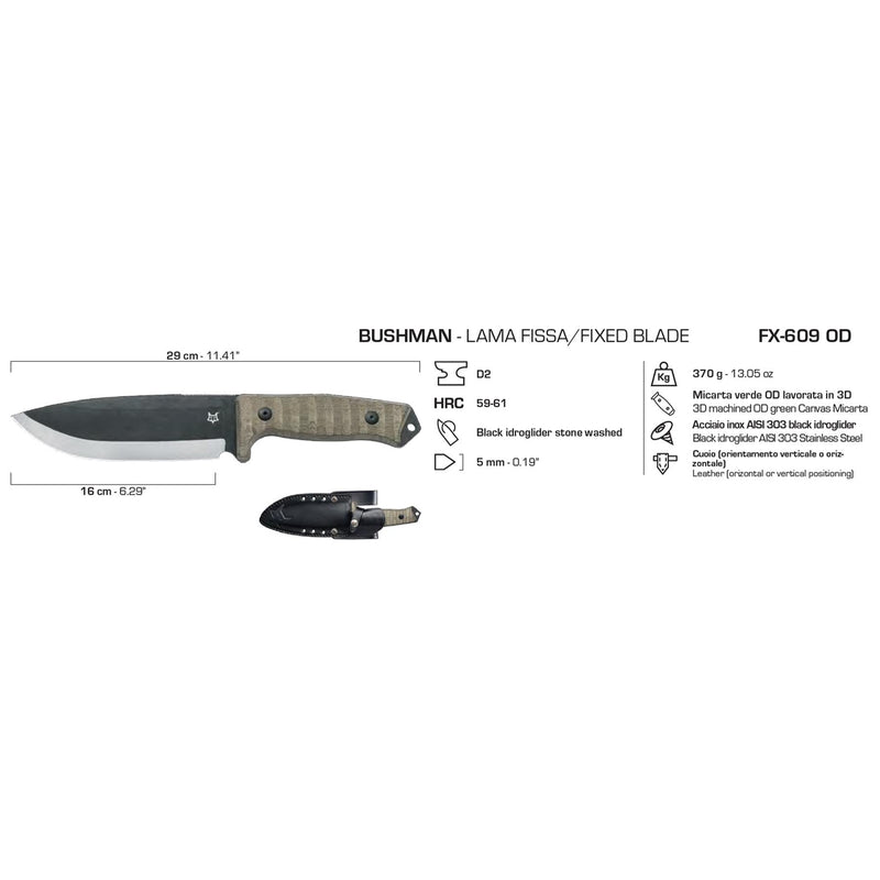 Fox Knives Bushman Fixed Blade Knife D2 Steel Survival Combat Micarta Handgreep