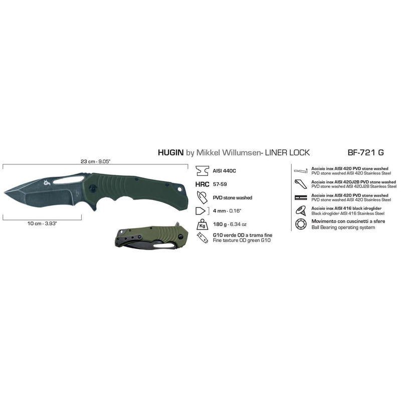 Vossen messen Hugin Pocket Knife Green G10 Hendel 440C Steel Plain Edge Black Blade