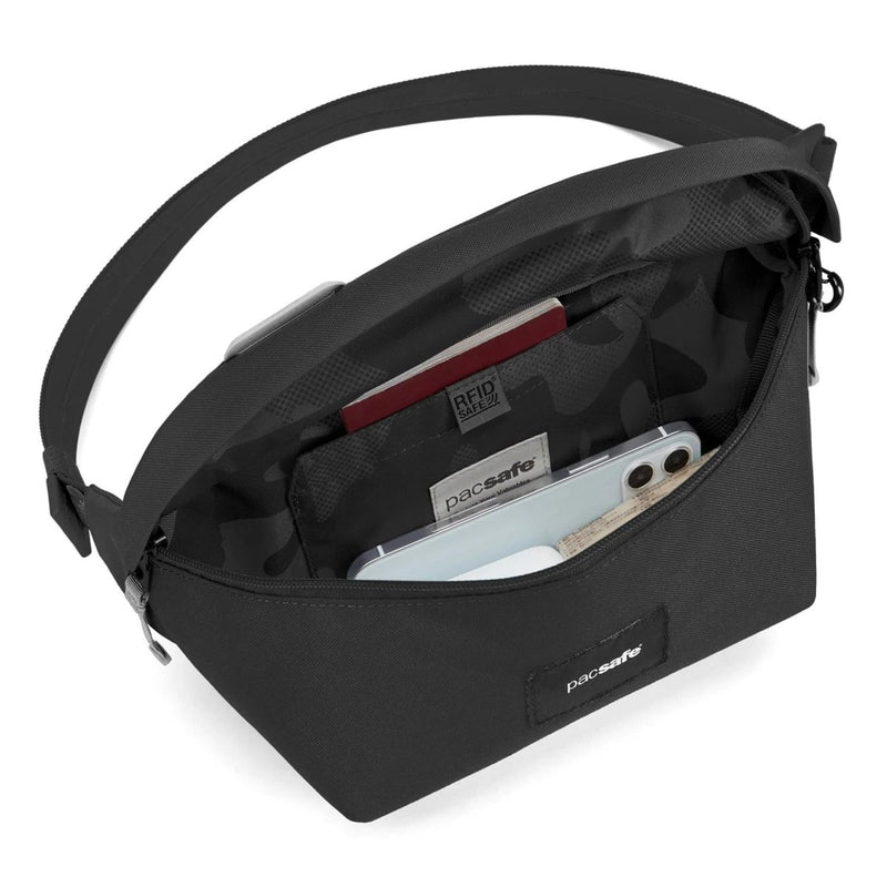 Pacsafe go schoudertas 2.5l pfc gratis anti diefstal rfid veilig sling pack zwart